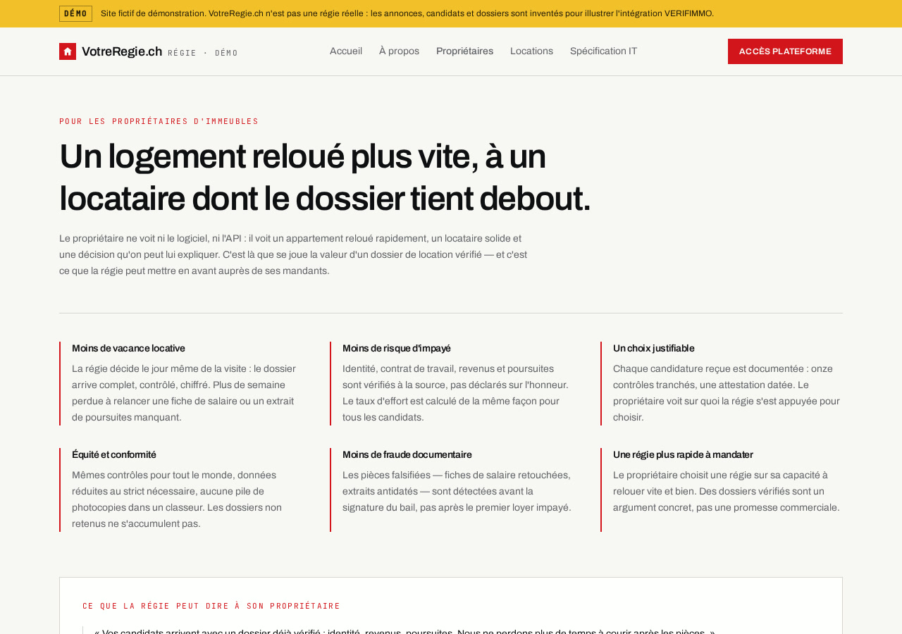 Page propriétaires de la régie fictive VotreRégie.ch : la valeur ajoutée de la pré-validation.