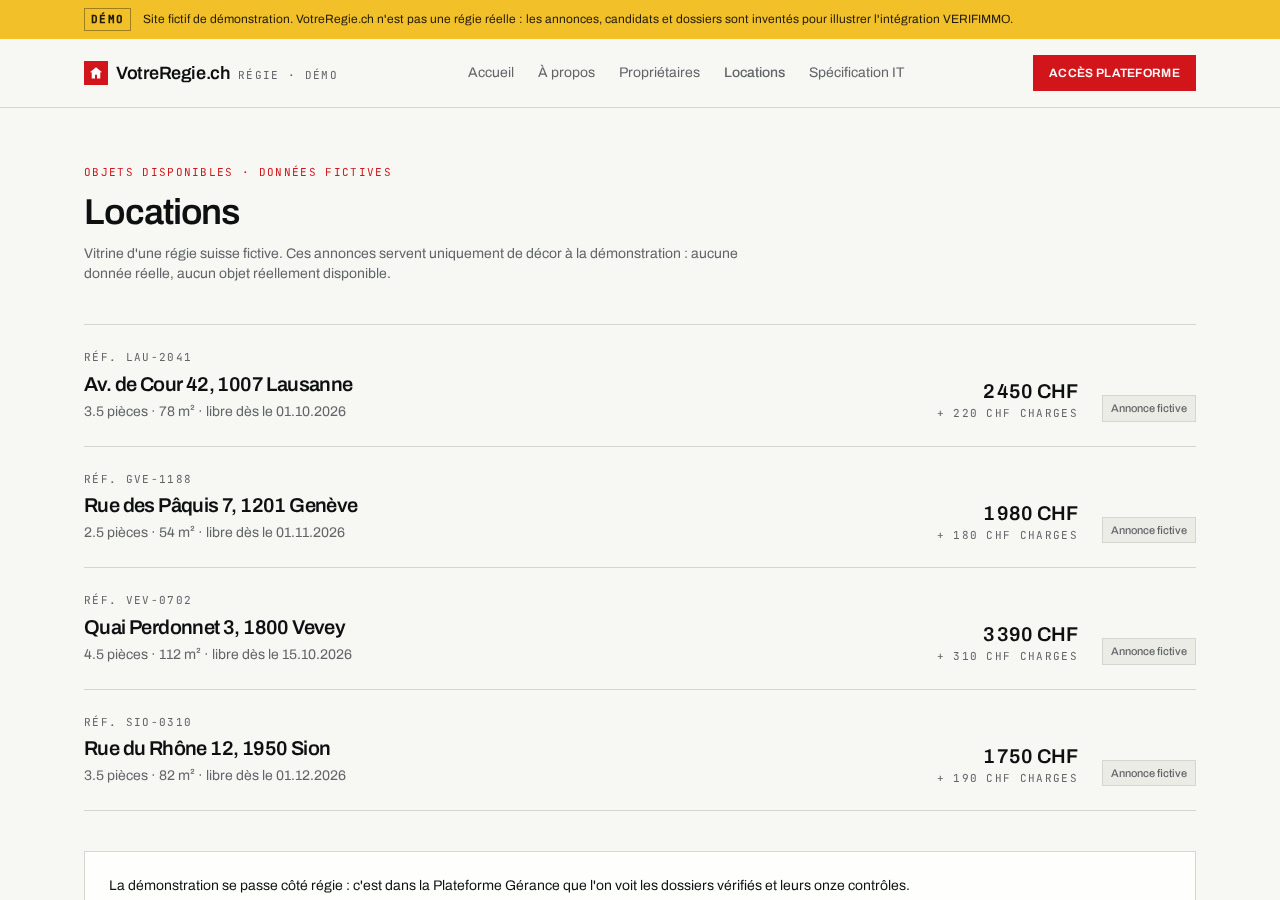 Page des annonces de la régie fictive VotreRégie.ch, avec le badge VERIFIMMO.