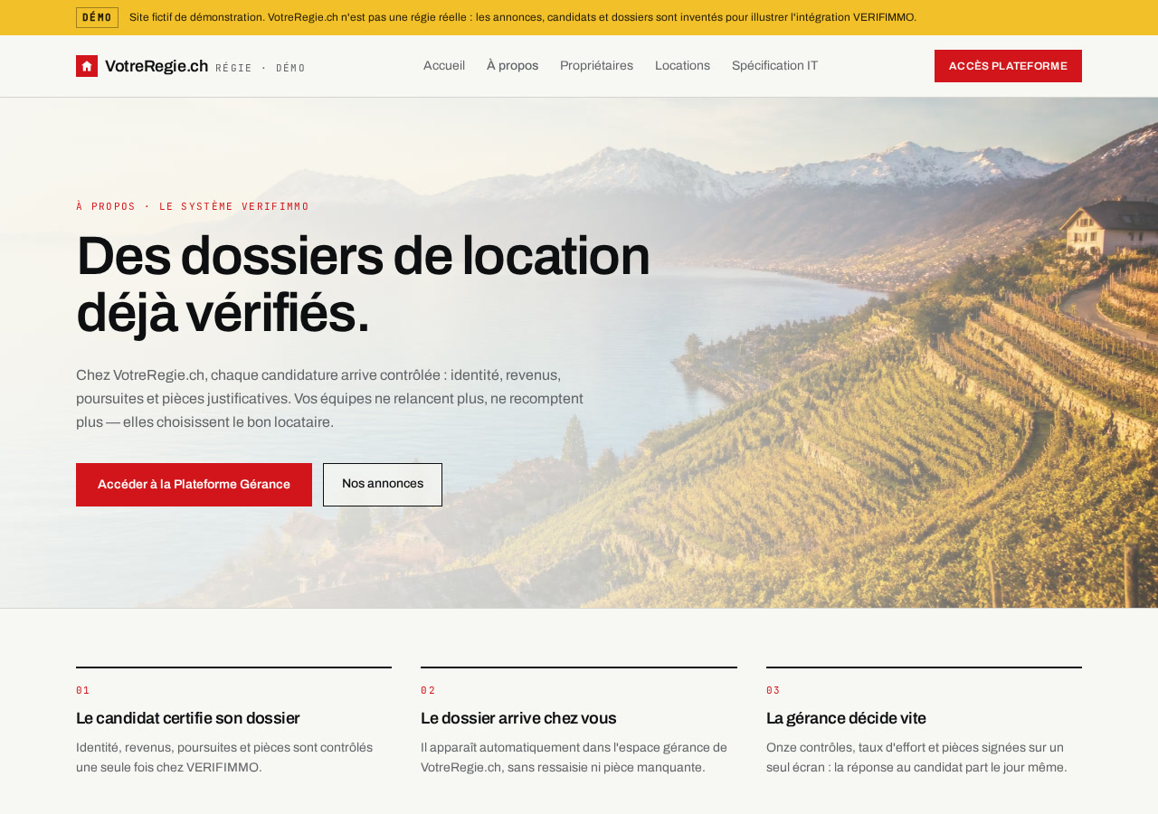 Page de présentation de la régie fictive VotreRégie.ch : ce que VERIFIMMO change pour la direction et les gérants.