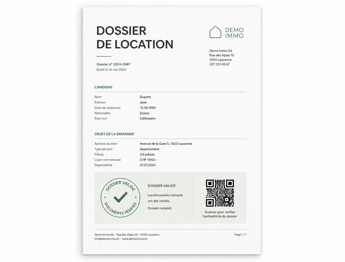 Synthèse d'un dossier de location validé avec tick vert et QR code de vérification
