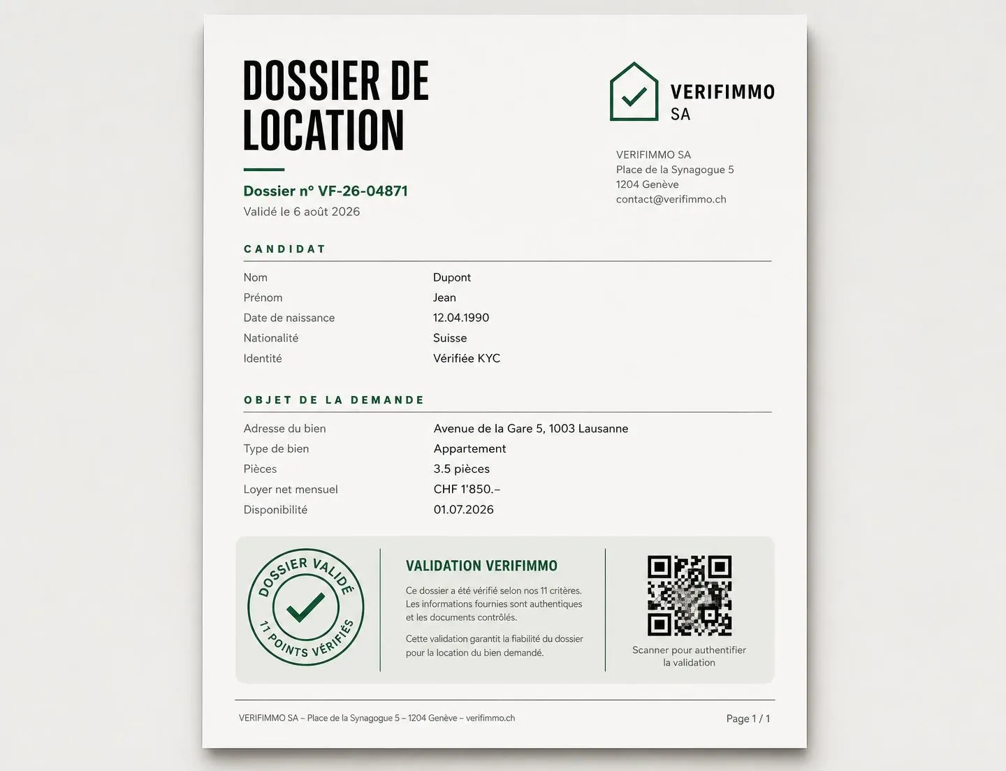 Synthèse d'un Dossier de Location Certifié avec QR code de vérification