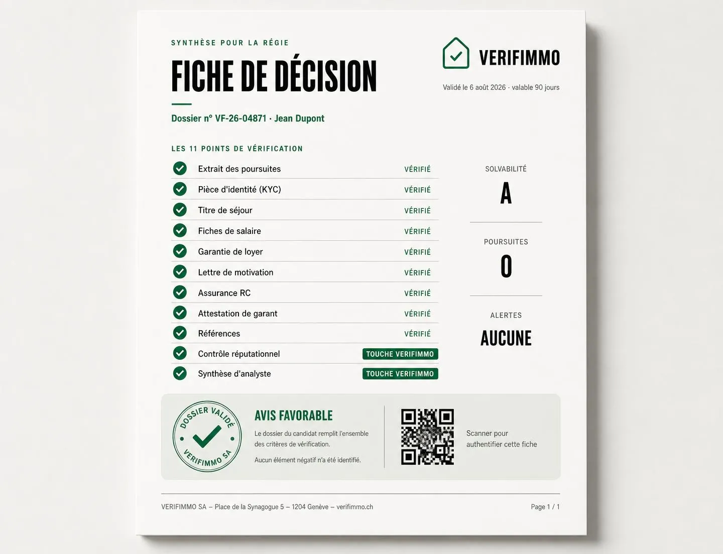 Fiche de décision VERIFIMMO : tous les points de vérification, l'avis favorable et le QR code d'authentification