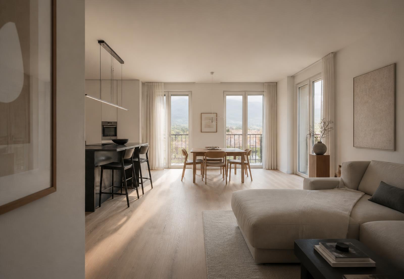 Séjour d'un appartement suisse contemporain baigné de lumière naturelle